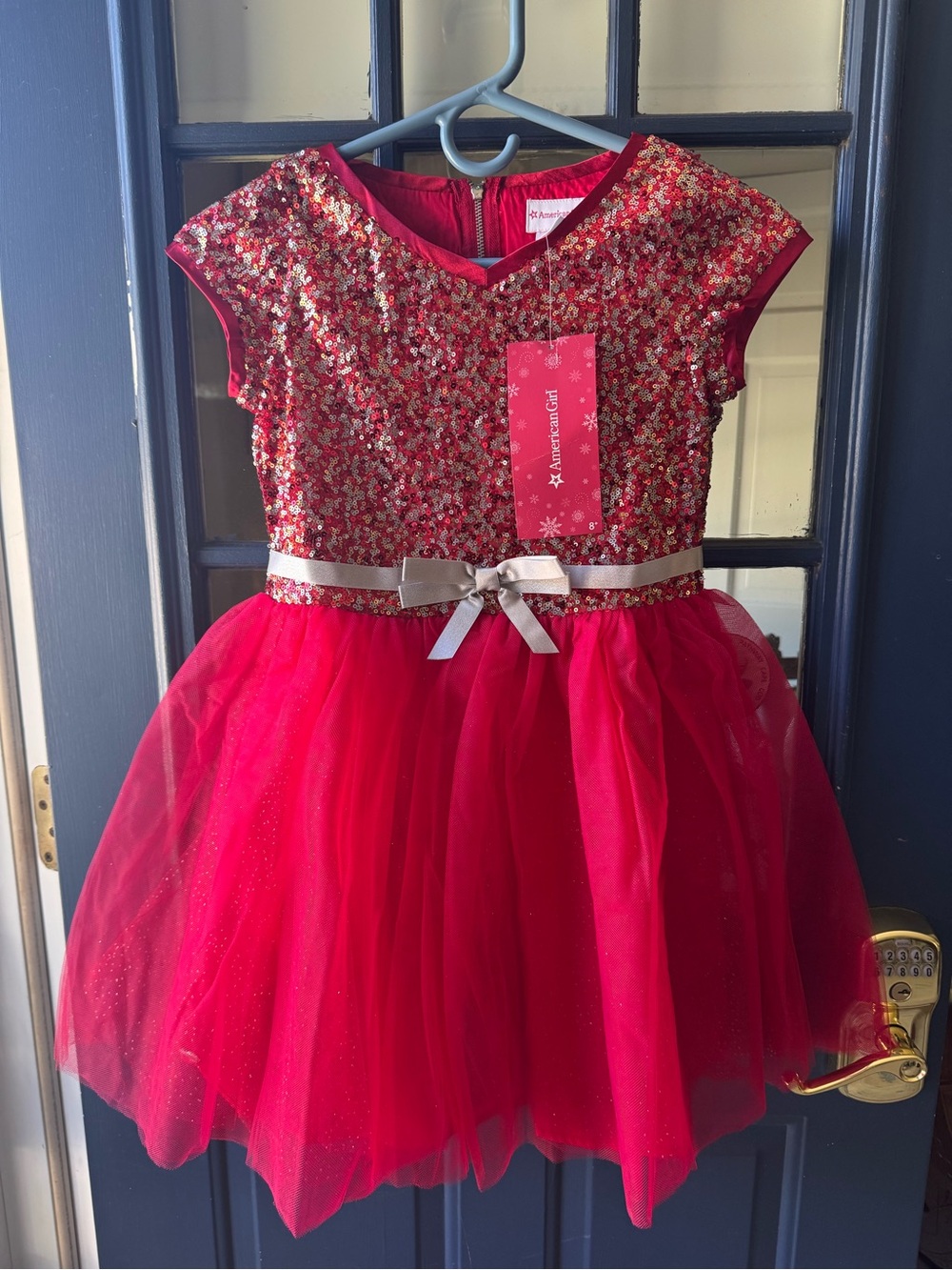 American Girl Red Sequin Bodice Tulle Party Dress with Gold Bow